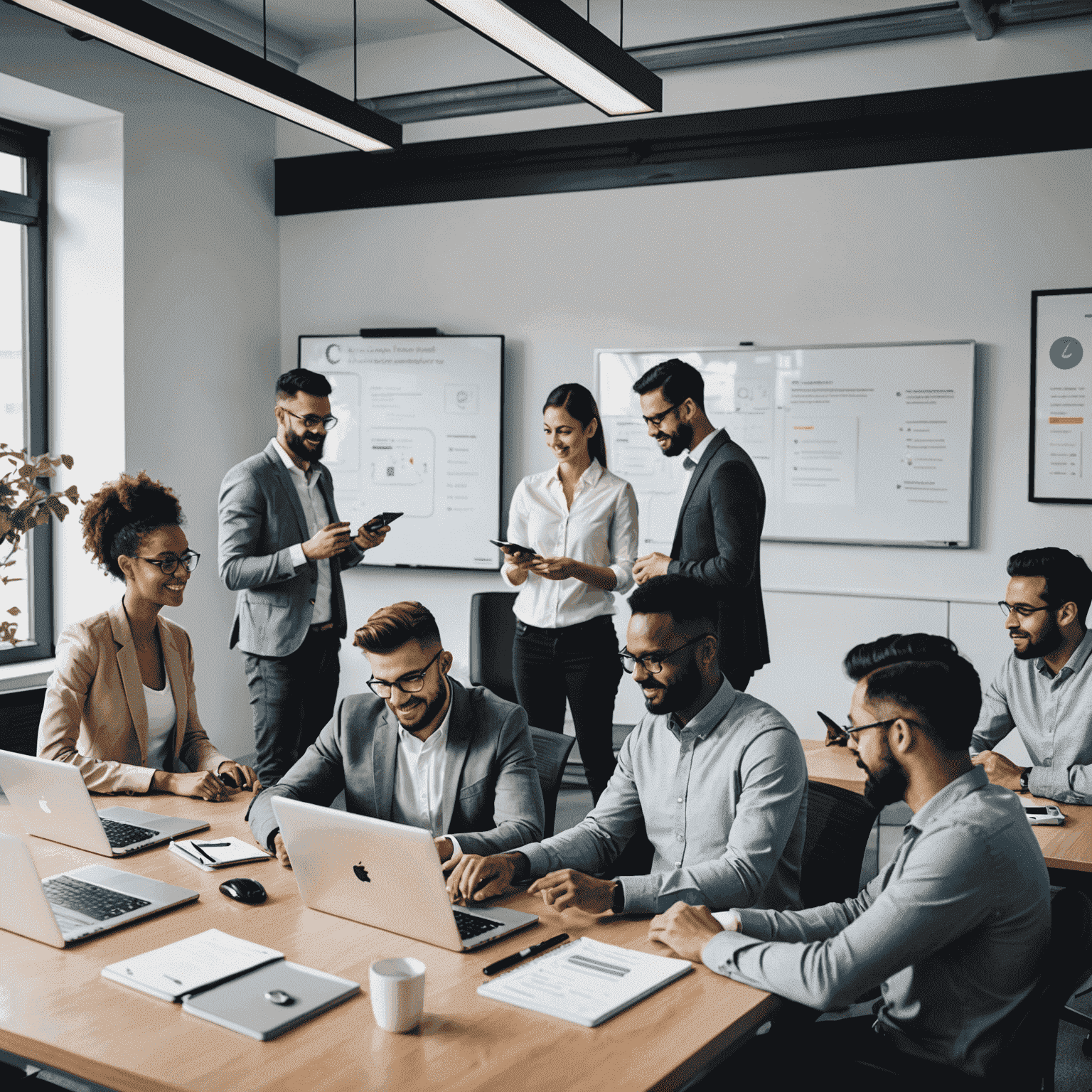 L'équipe de Recharge Mobile Instantanée en Ligne travaillant ensemble dans un bureau moderne. On peut voir des personnes discutant autour d'un tableau blanc, d'autres travaillant sur des ordinateurs, et une ambiance générale de collaboration et d'innovation.