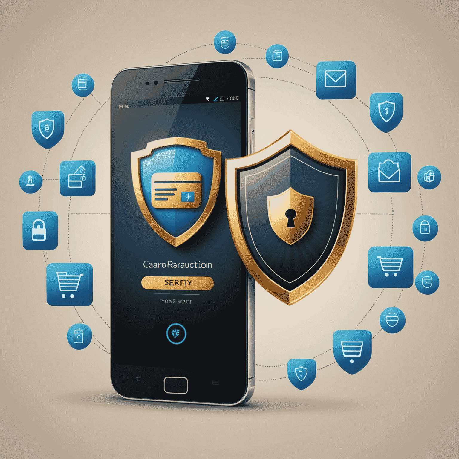Image représentant la sécurité des transactions en ligne, montrant un bouclier protégeant un smartphone et des symboles de paiement